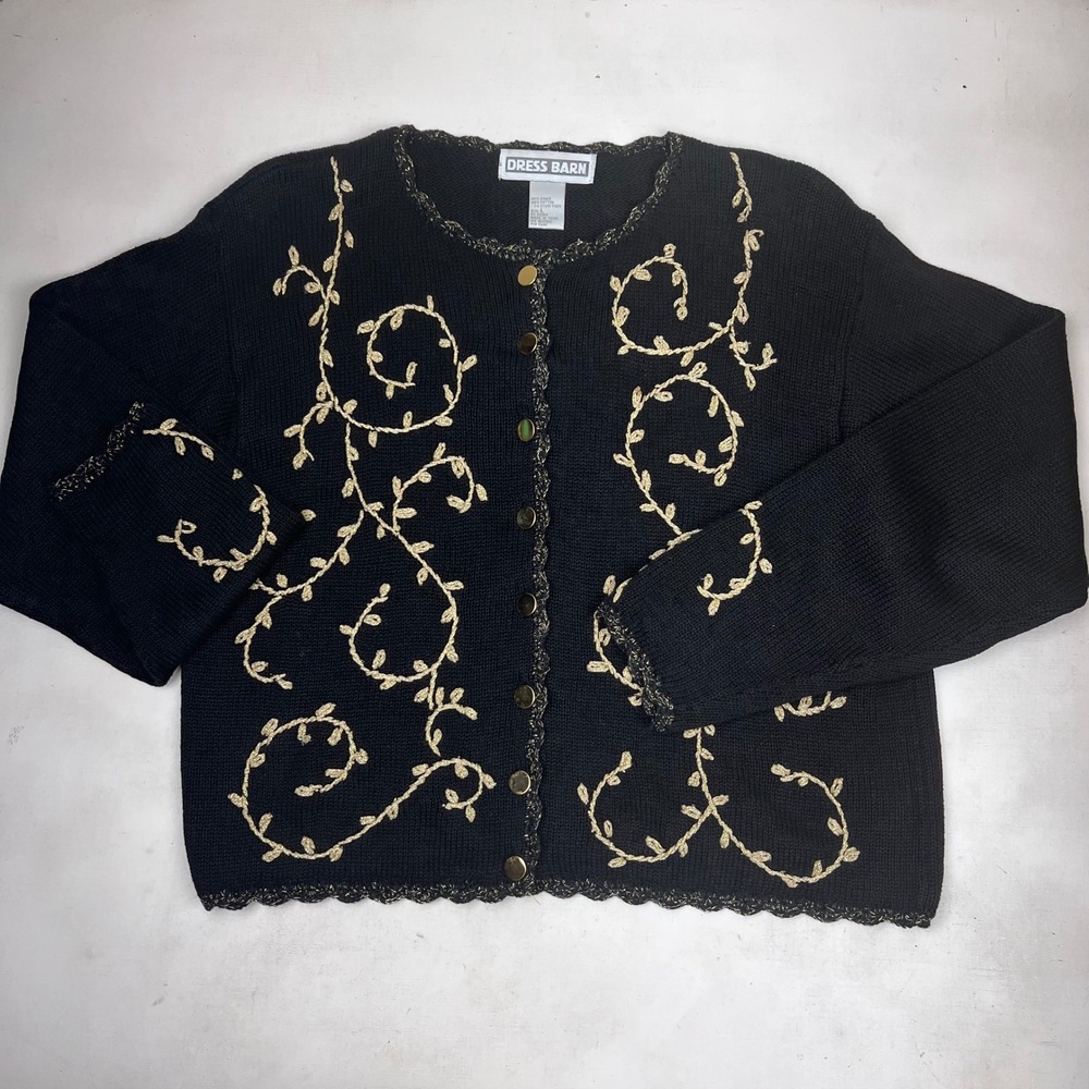 Black Gold Embroidered Cardigan Metallic Trim Button Front Large Dress Barn